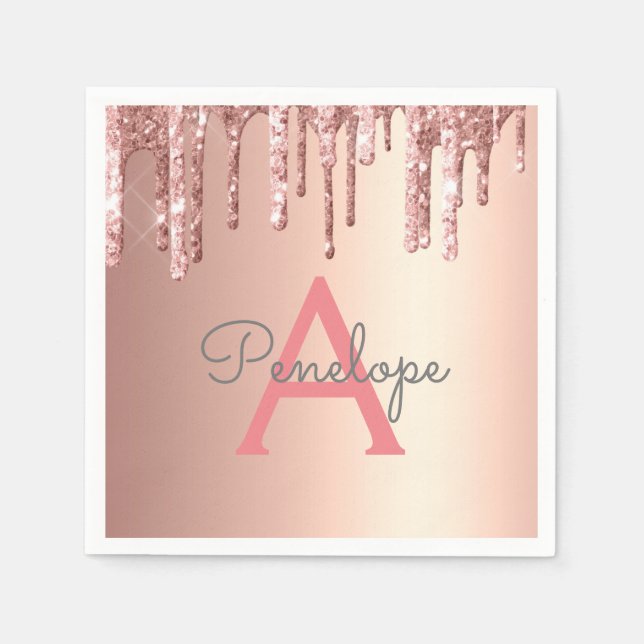 Serviette En Papier Rose Gold Rose Pailleté Glissant Glamour Avec Mono (Devant)