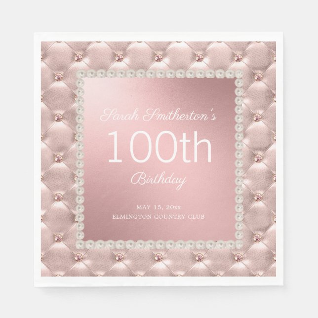 Serviette En Papier Rose Gold Rose Perles Brodees 100e Anniversaire (Devant)