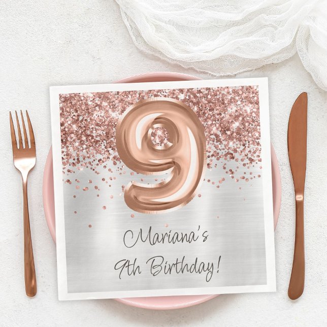 Serviette En Papier Rose Gold Silver 9e fête d'anniversaire (Créateur téléchargé)