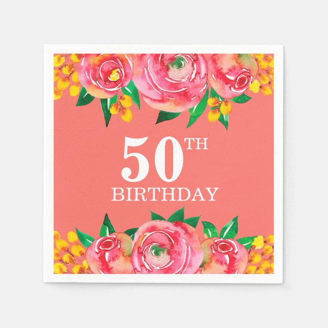 Serviette En Papier Rose Jaune Vivant Coral Aquarelle Florale (Devant)