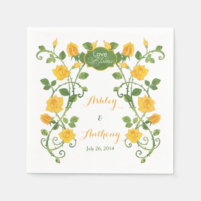 Serviette En Papier Rose Love Blooms Mariage personnalisé | Jaune (Devant)
