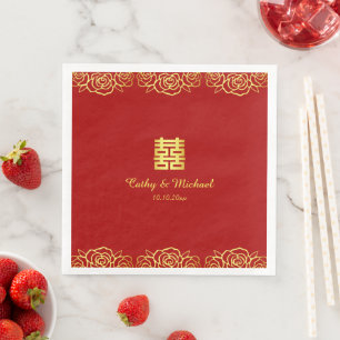Serviette En Papier Rose mariage chinois découpé en carton rouge et or
