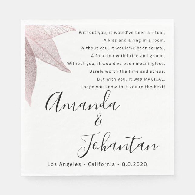 Serviette En Papier Rose mariage Merci Poème Floral Blanc Noir (Devant)