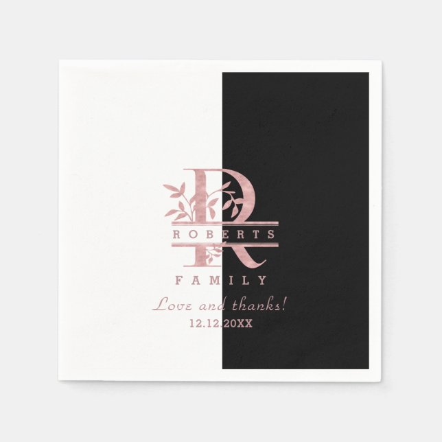 Serviette En Papier Rose moderne Gold Split Monogramme personnalisé R (Devant)