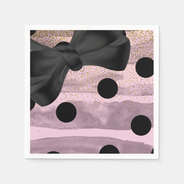 Serviette En Papier Rose Noir et Or Points Chic Nœud Glamour Soirée (Devant)