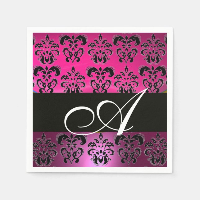 SERVIETTE EN PAPIER ROSE, NOIR FUCHSIA, DOMMASQUE POURPULAIRE MONOGRAM (Devant)