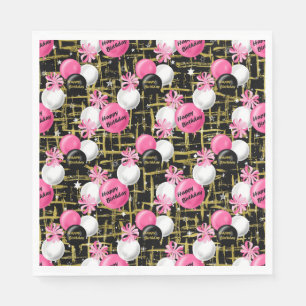 SERVIETTE EN PAPIER ROSE NOIR OR HEUREUX ANNIVERSAIRE