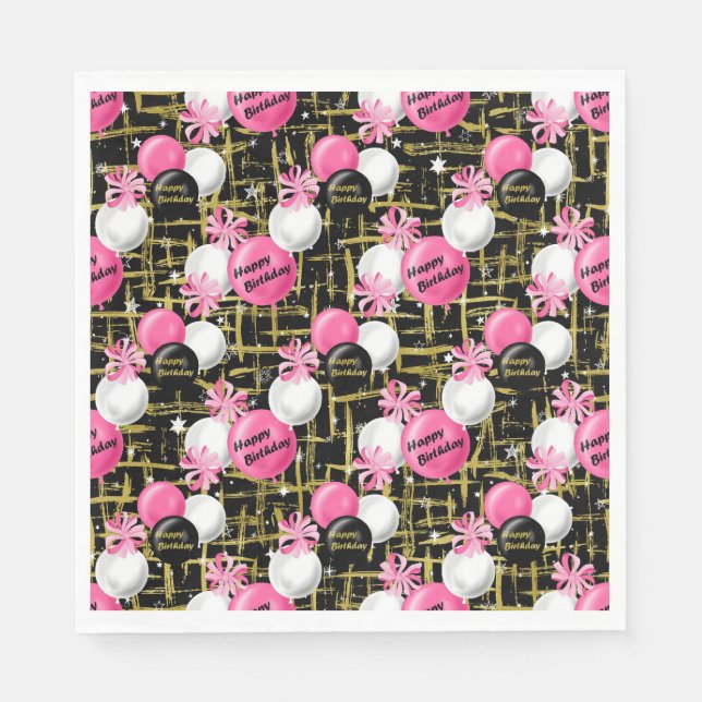 SERVIETTE EN PAPIER ROSE NOIR OR HEUREUX ANNIVERSAIRE (Devant)