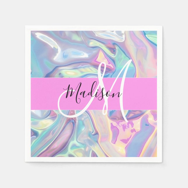 Serviette En Papier Rose Nom Monogramme Holographique Iridescent (Devant)