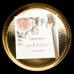 Serviette En Papier Rose or fleurie verdure élégante Sweet 16