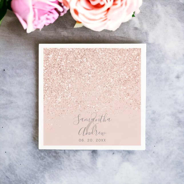 Serviette En Papier Rose or parties scintillant blush rose typographie (Rose gold glitter blush pink typography wedding napkins)
