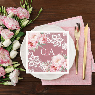 Serviette En Papier Rose or rose roses floraux monogramme mariage