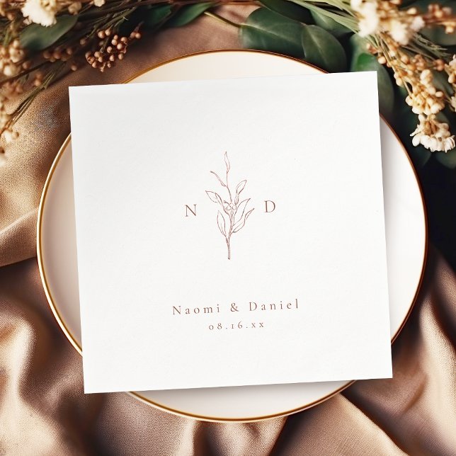 Serviette En Papier Rose or simple botanique monogramme rustique maria (Rose gold simple botanical monogram rustic wedding napkins)