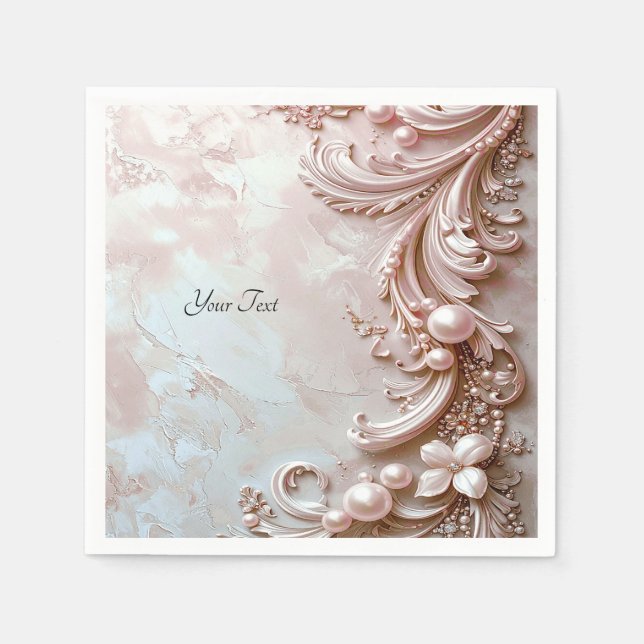 Serviette En Papier Rose Orné Perle et Floral (Devant)