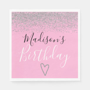 Serviette En Papier Rose Pailleté Argent Anniversaire Cœur Féminin