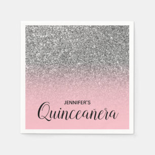 Serviette En Papier Rose Pâle et Paillettes Argent Ombré Quinceanera