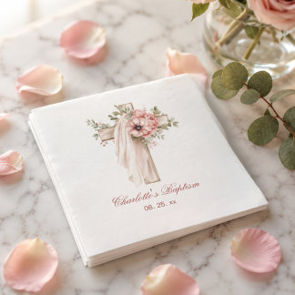Serviette En Papier Rose Pâle Floral Croix Baptême