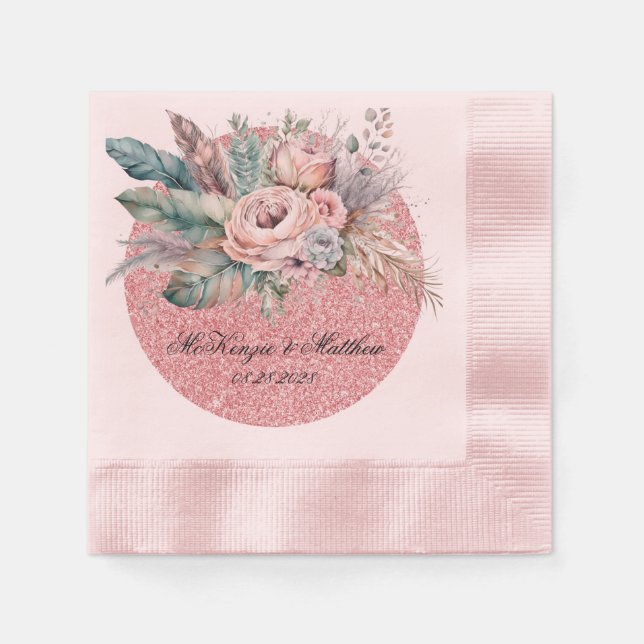 Serviette En Papier Rose Parties scintillant or Boho Florals Plumes Ma (Devant)