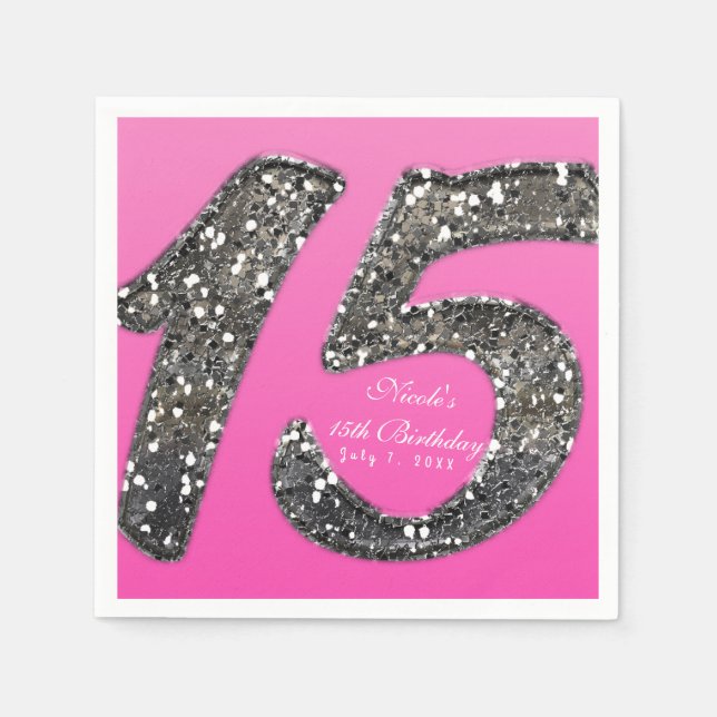 Serviette En Papier Rose & Parties scintillant Quinze 15 Anniversaire  (Devant)