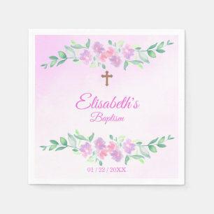 Serviette En Papier Rose Poudré Aquarelle Ombré Croix Baptême Personna