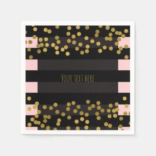 Serviette En Papier Rose poudré et rayures noires points de foil doré 