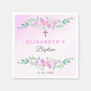 Serviette En Papier Rose Poudrée Aquarelle Ombré Croix Baptême