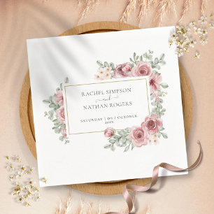 Serviette En Papier Rose Poussiéreux Floral Cadre Elégant en Or