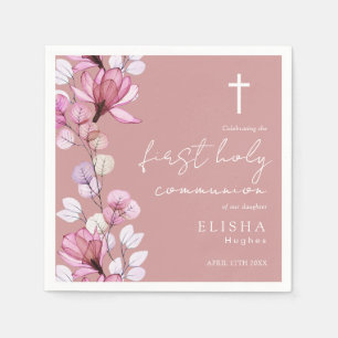 Serviette En Papier Rose Poussiéreux Floral Première Sainte Communion