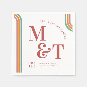 Serviette En Papier Rose   Retro Seventies Stripes   Monogramme Mariag
