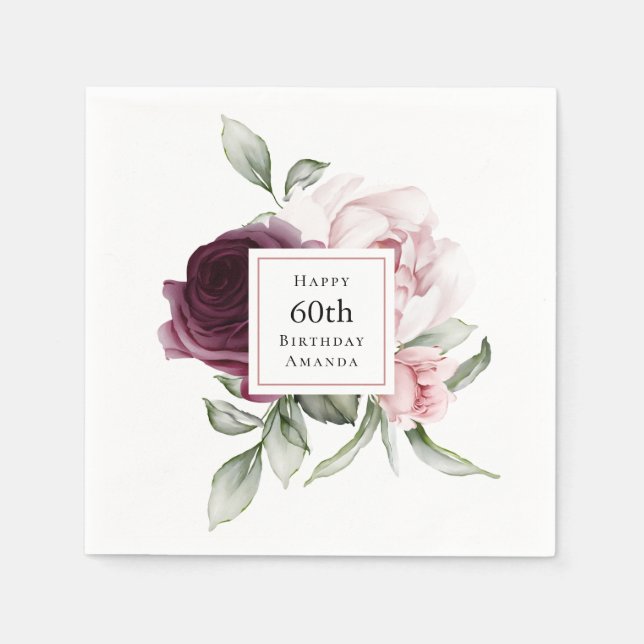 Serviette En Papier Rose romantique Aquarelle Botanique 60e Anniversai (Devant)