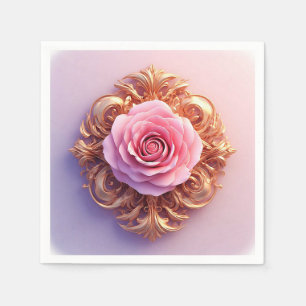 Serviette En Papier Rose romantique rose et ornement doré
