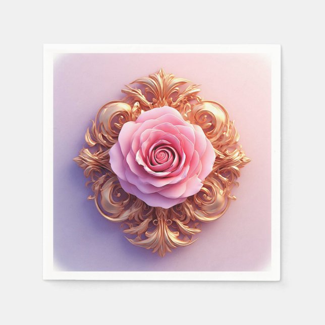 Serviette En Papier Rose romantique rose et ornement doré (Devant)