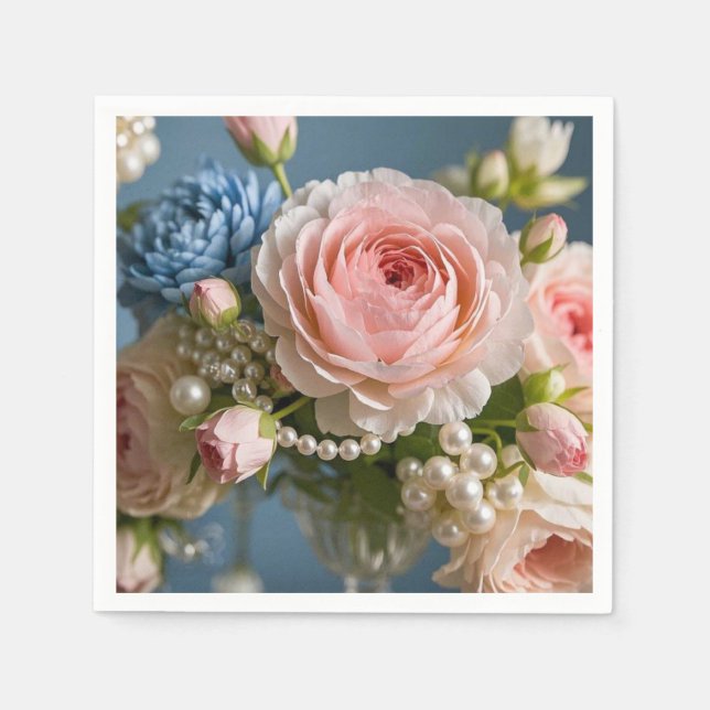 Serviette En Papier Rose rose délicate avec perle dans un vase (Devant)