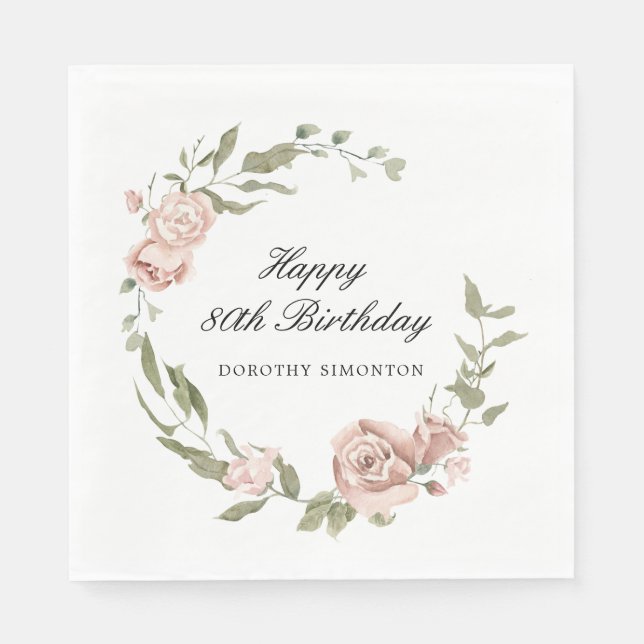 Serviette En Papier Rose rose Dusty Floral 80e anniversaire (Devant)