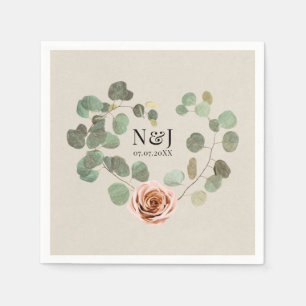 Serviette En Papier Rose rose et cœur d'eucalyptus Mariage rustique