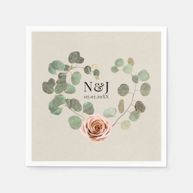 Serviette En Papier Rose rose et Eucalyptus Coeur Rustique Mariage (Devant)