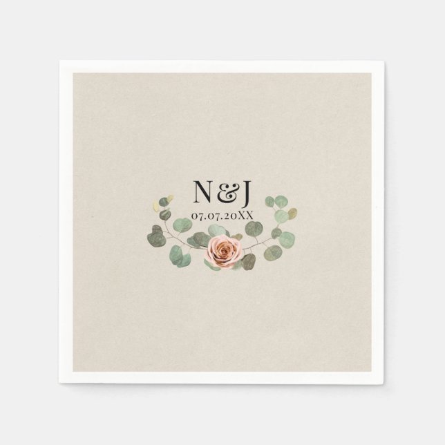 Serviette En Papier Rose rose et Eucalyptus Coeur Rustique Mariage (Devant)