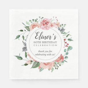 Serviette En Papier Rose rose Floral 90e anniversaire Merci