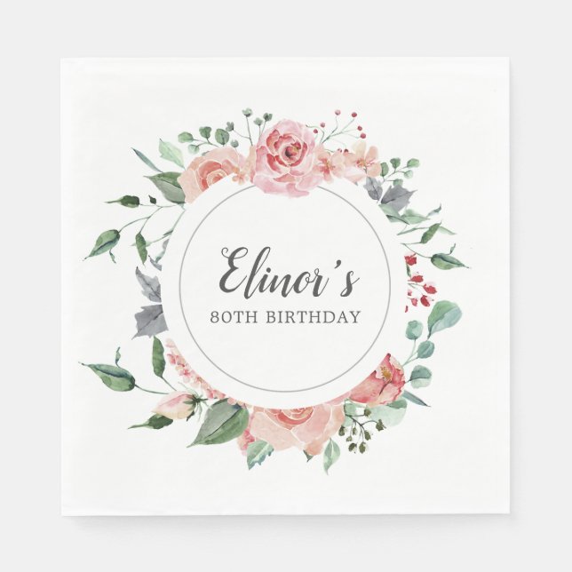 Serviette En Papier Rose rose florale 80e anniversaire Merci (Devant)