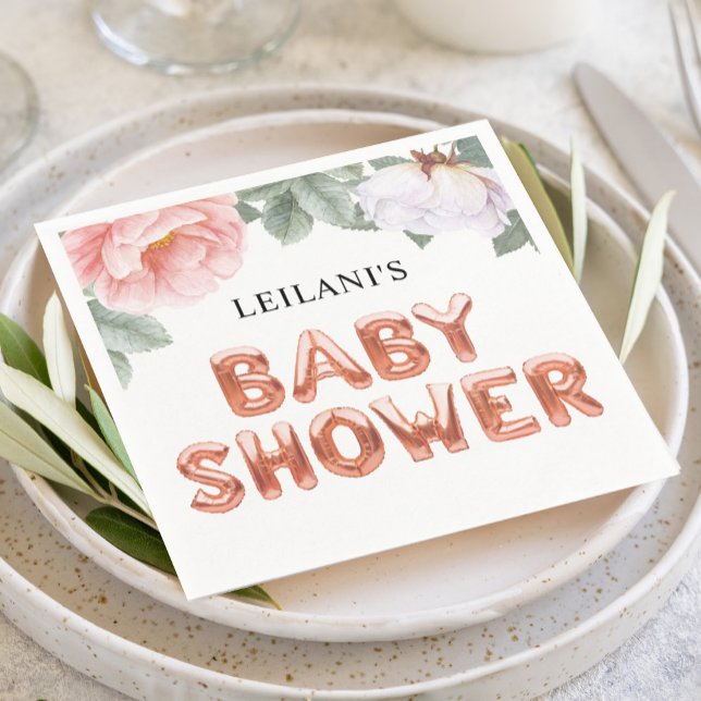 Serviette En Papier Rose rose or Baby shower de ballon rose (Peony floral design with rose gold balloon letters for an elegant baby shower napkin.)