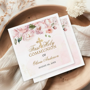 Serviette En Papier Rose rose pâle Floral Première Communion sainte