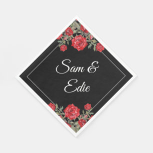 Serviette En Papier Rose rouge Aquarelle Florale Mariage Nom élégant