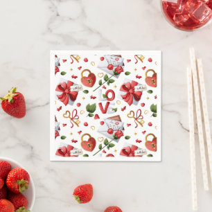 Serviette En Papier Rose rouge élégante et motif romantique de cadenas