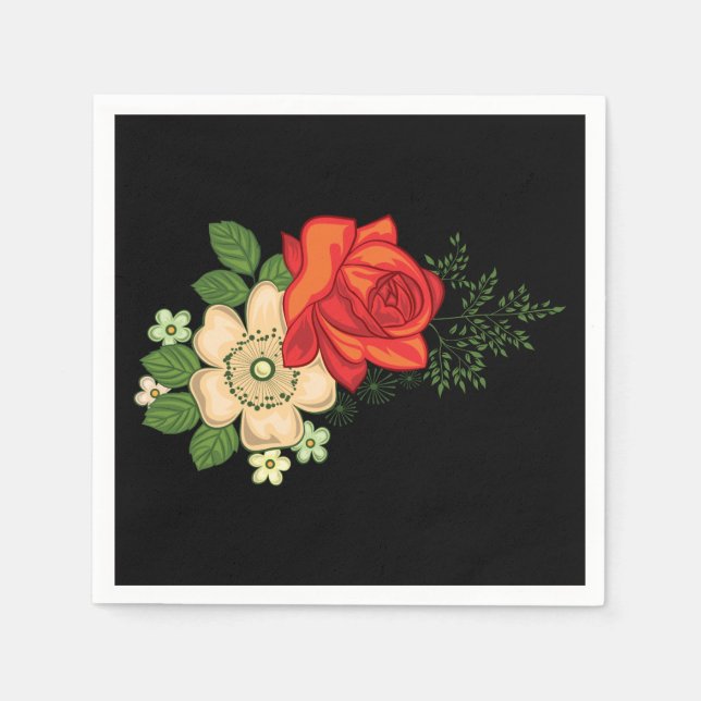 Serviette En Papier Rose rouge et marguerites Arrière - plan noir (Devant)