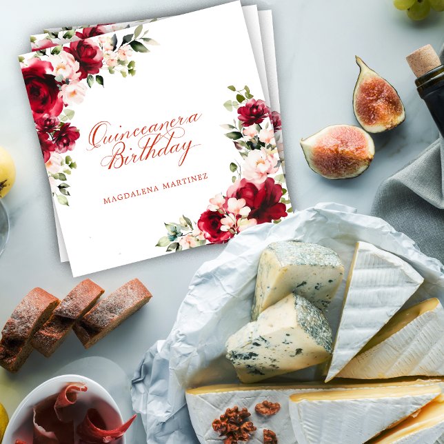 Serviette En Papier Rose Rouge Floral Quiceanera Anniversaire Personna (Créateur téléchargé)