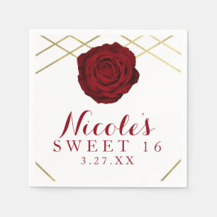 Serviette En Papier Rose rouge & lignes dorées Fleurs Élégant Party su