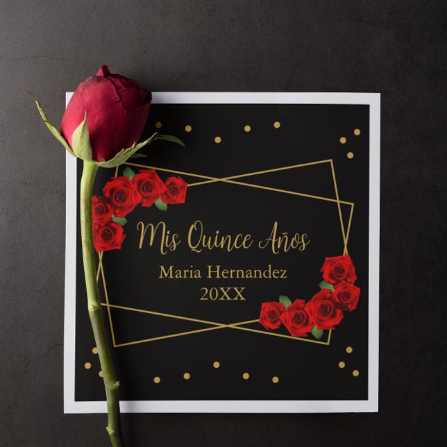 Serviette En Papier Rose rouge Noir et or Quinceañera (Créateur téléchargé)