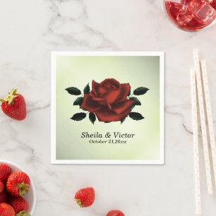 Serviette En Papier Rose rouge Nom gothique Date Mariage vert serviett