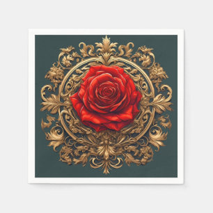 Serviette En Papier Rose rouge ornée avec cadre baroque doré