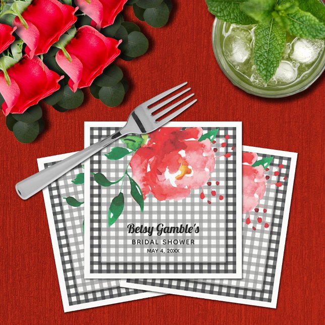 Serviette En Papier Rose rouge sur la Fête des mariées En vichy noire  (Red Rose on Black and White Gingham Bridal Shower Napkins)